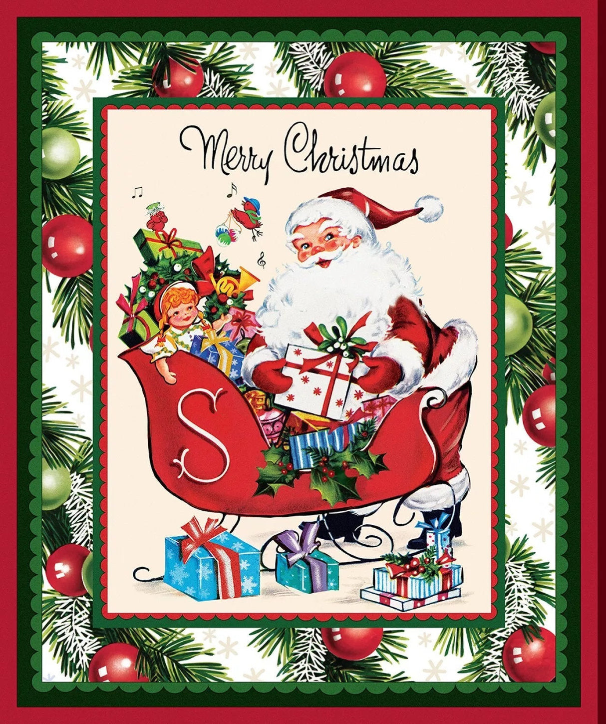 Fabric Panel Merry Melody Nostalgic Santa Christmas P&B Textiles