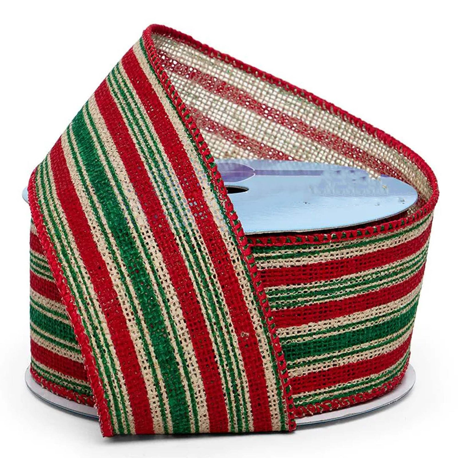 Striped Faux Burlap Wired Ribbon 2 1/2 '' X 10 yd Green / Red Color 1 / roll