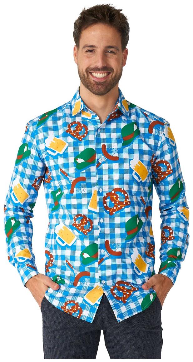 Stylish Blue Checkered Men's Shirt for Oktoberfest Parties and Casual Wear Events