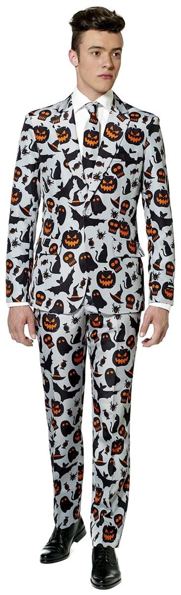Stylish Halloween Grey Suit with Creepy Icons for Parties and Themed Events