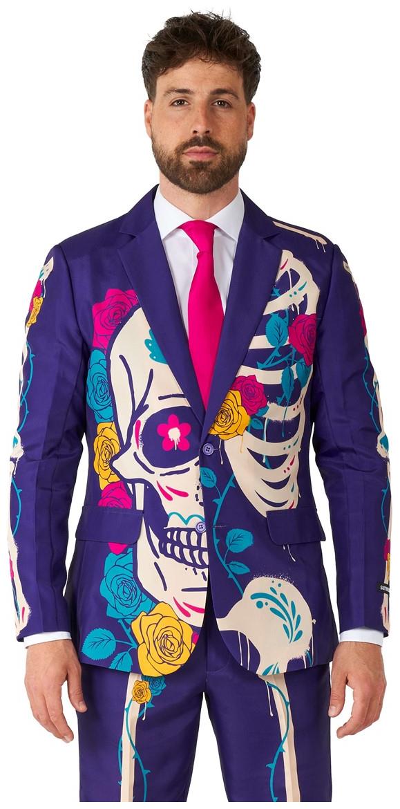 Vibrant Sugar Skull Purple Suit for Halloween and Day of the Dead Costume Parties