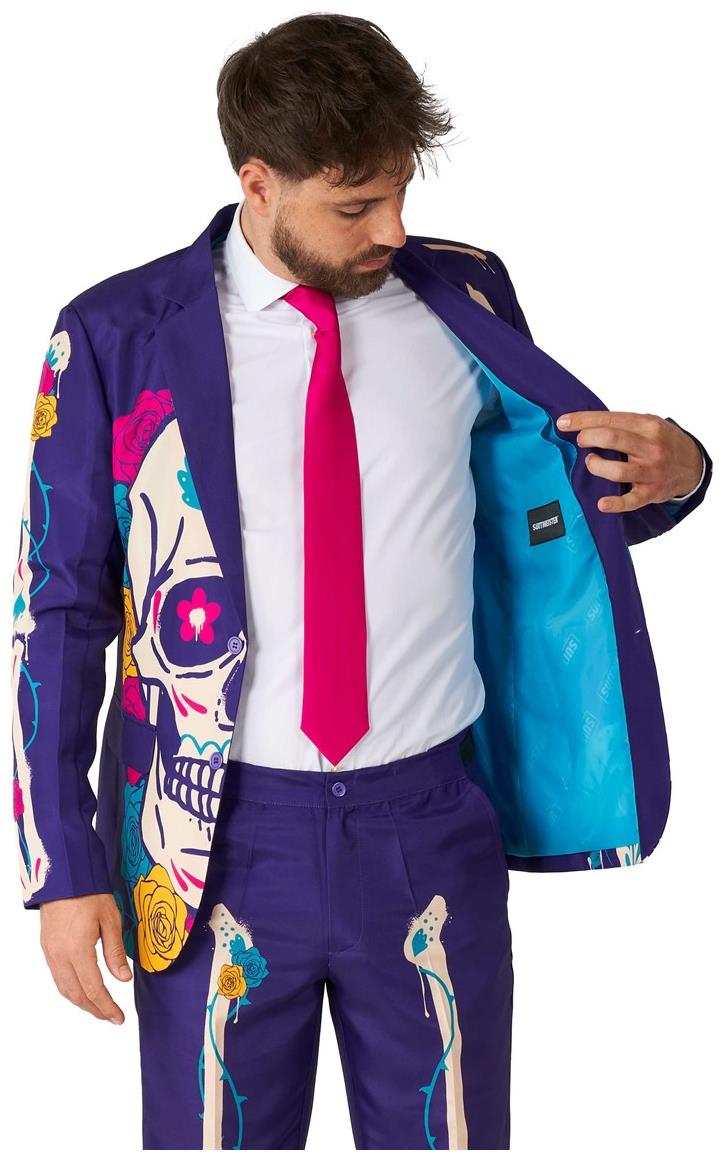 Vibrant Sugar Skull Purple Suit for Halloween and Day of the Dead Costume Parties