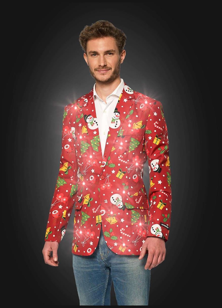Festive Suitmeister Men's Christmas Red Icons Jacket with Lights for Holiday Parties and Celebrations