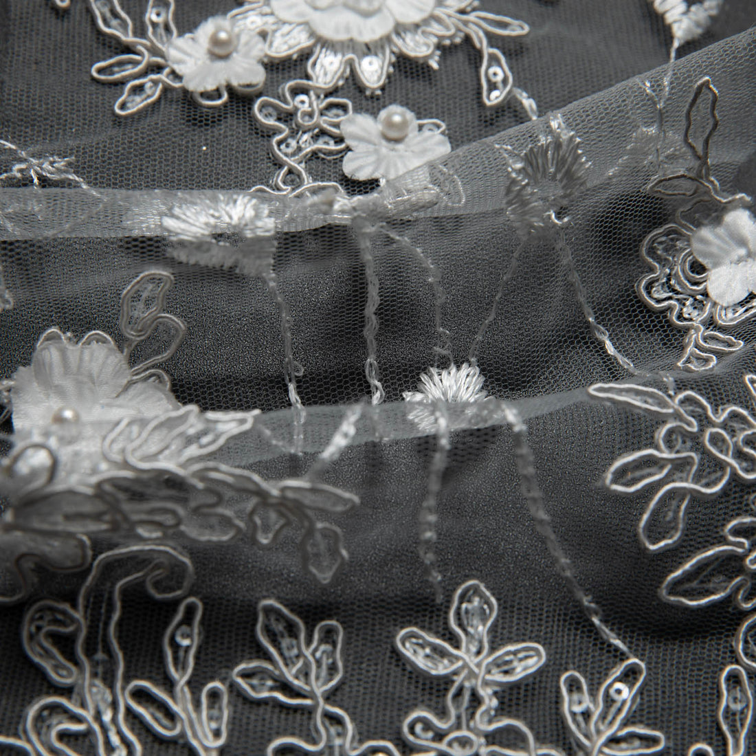 1 Yard 3D Floral Applique Embroidered Tulle Lace Fabric – 52" Wide Premium Textile for Bridal