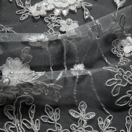 1 Yard 3D Floral Applique Embroidered Tulle Lace Fabric – 52" Wide Premium Textile for Bridal