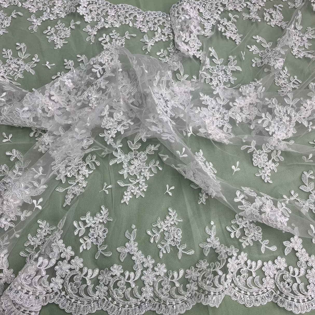 Beaded Corded Lace Fabric - Floral Design, Scalloped Edges, 52" Width (1 Yard)