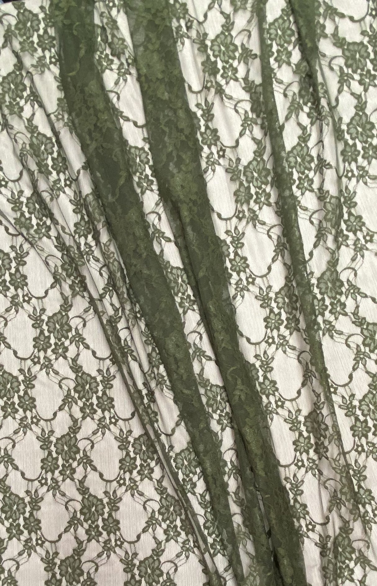 Olive Stretch Lace Fabric - Shimmery Floral Sheer, 58/60" Width (1 Yard)