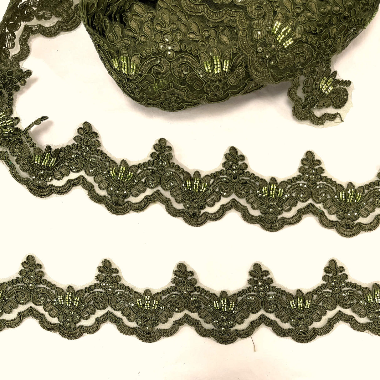 Beaded Corded Lace Trim on Polyester Net Mesh 3" Wide