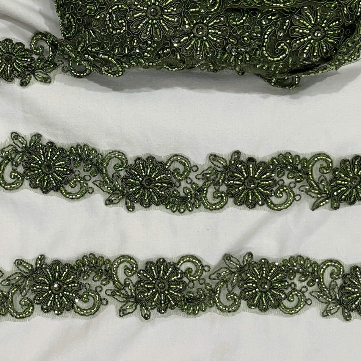 Beaded Corded Lace Trim on Polyester Mesh