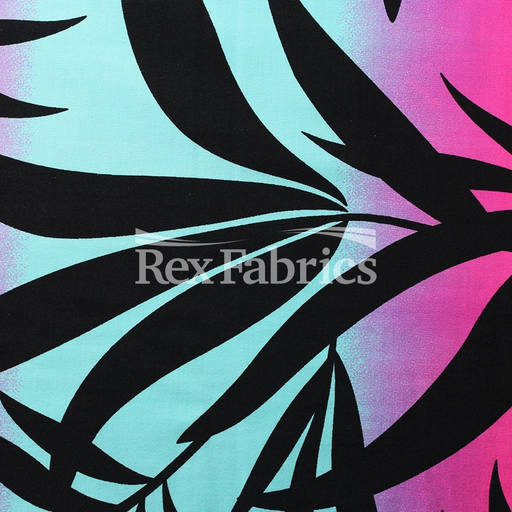 Ombre Paradise Nylon Spandex Fabric - Pink/Blue Ombre Leaf Print, 58/60" Width (1 Yard)