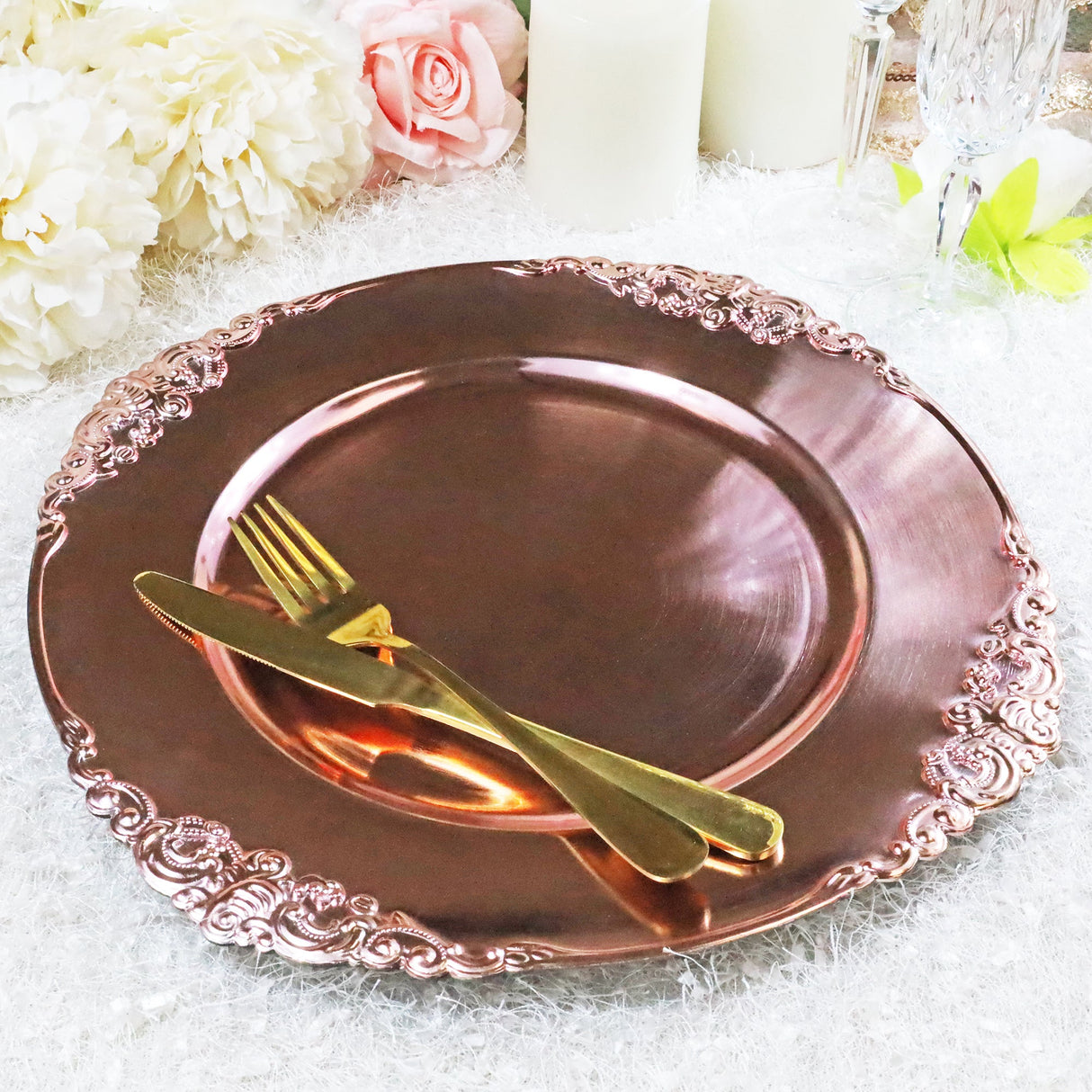 Acrylic Charger Plate 13" Rose Pink Embossed Baroque