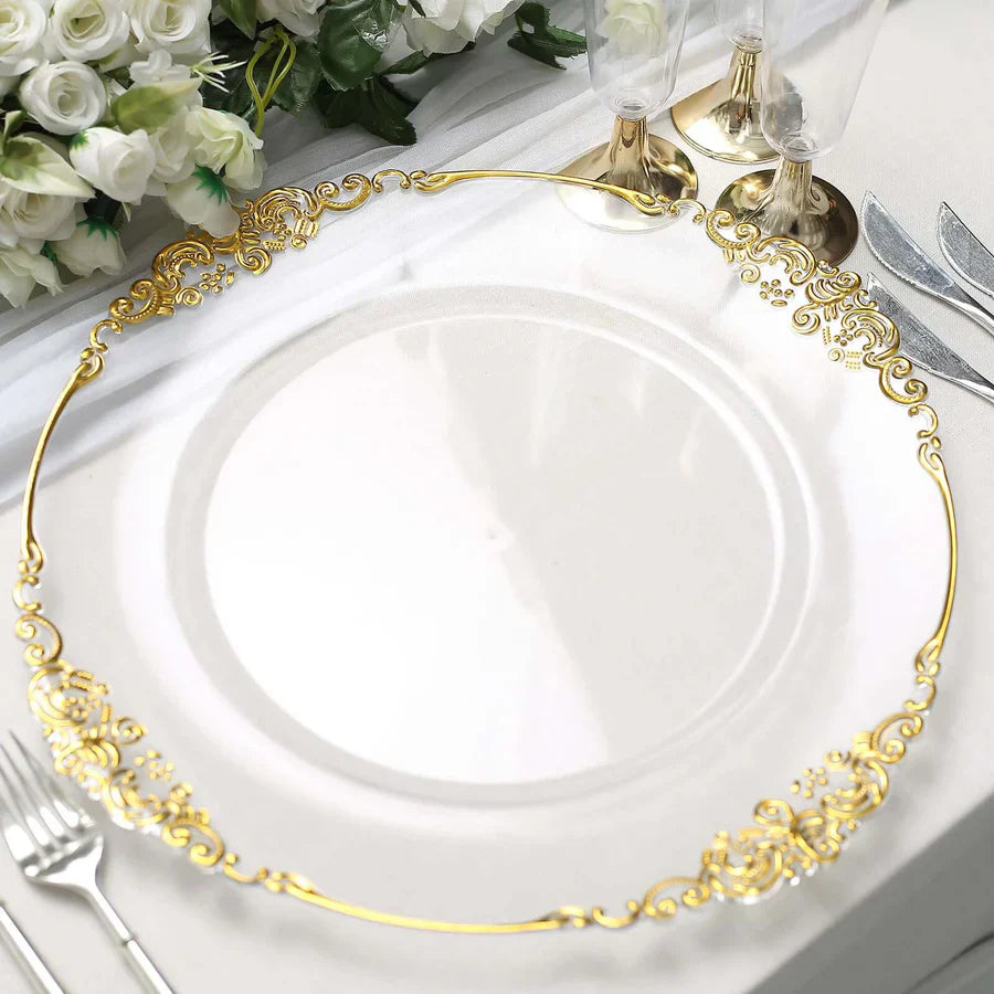 Acrylic Charger Plate 13" Clear Gold Embossed Baroque