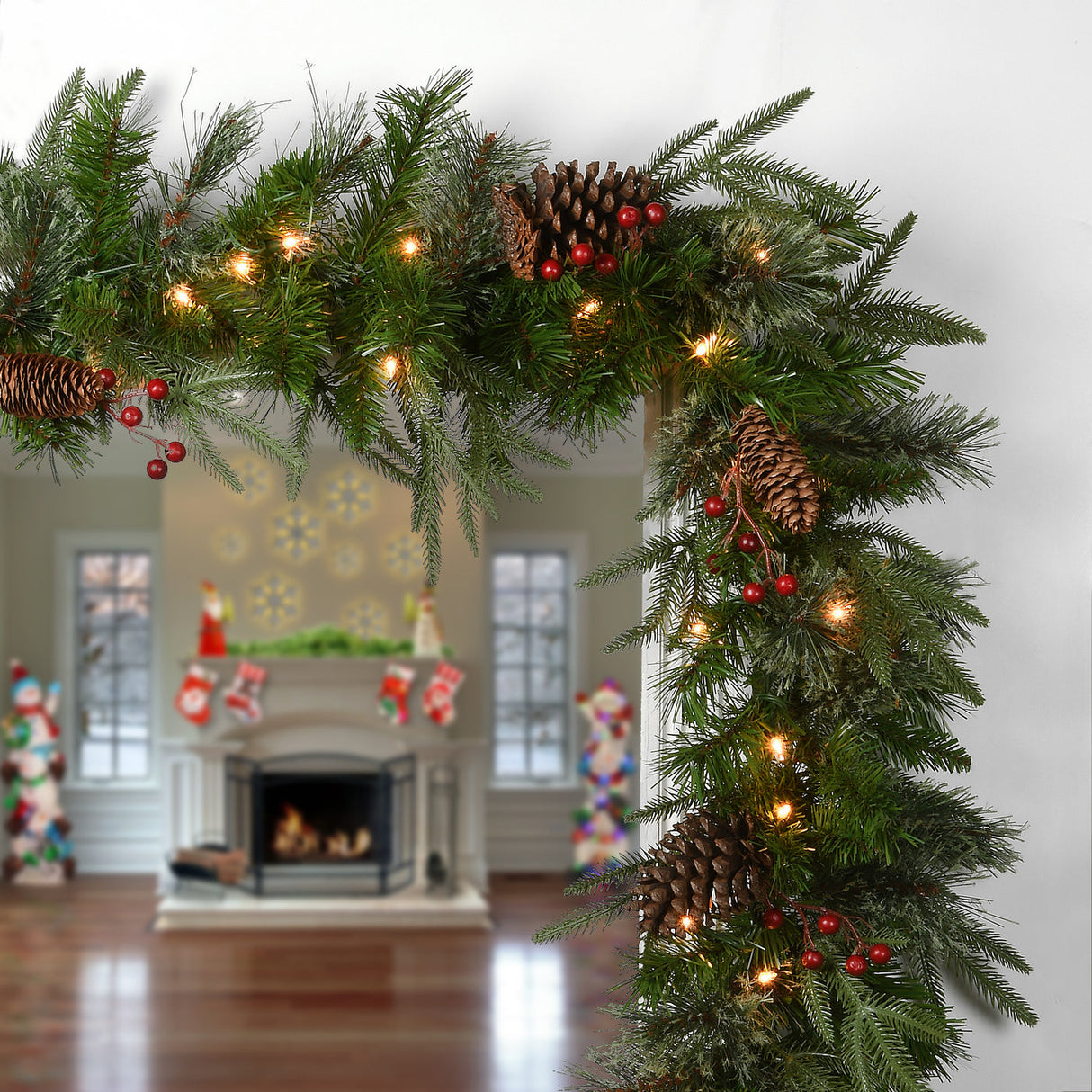 9FT Pre-Lit Colonial Fir Garland with Clear Lights
