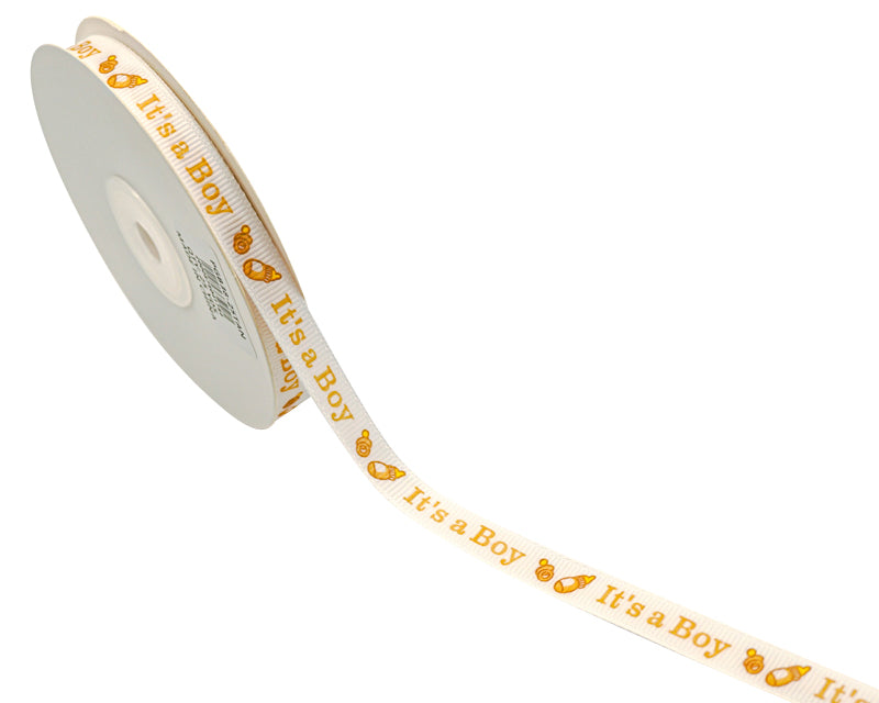 3/8"x 25 yards Tan It's a Boy Baby Shower Printed Grosgrain Gift Ribbon