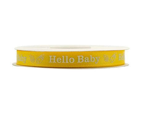 3/8"x 25 yards Yellow Hello Baby Printed Baby Shower Satin Gift Ribbon