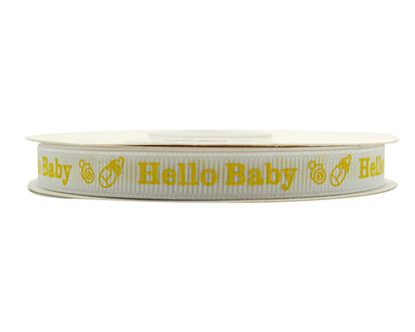 3/8"x 25 yards Yellow Hello Baby Printed Baby Shower Grosgrain Gift Ribbon