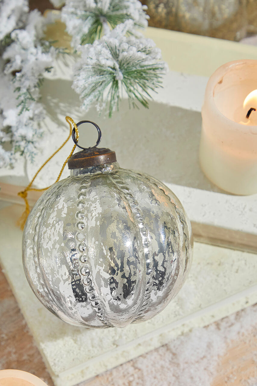 Silver Beaded Mercury Glass Ornament 4 Inch Vintage Style