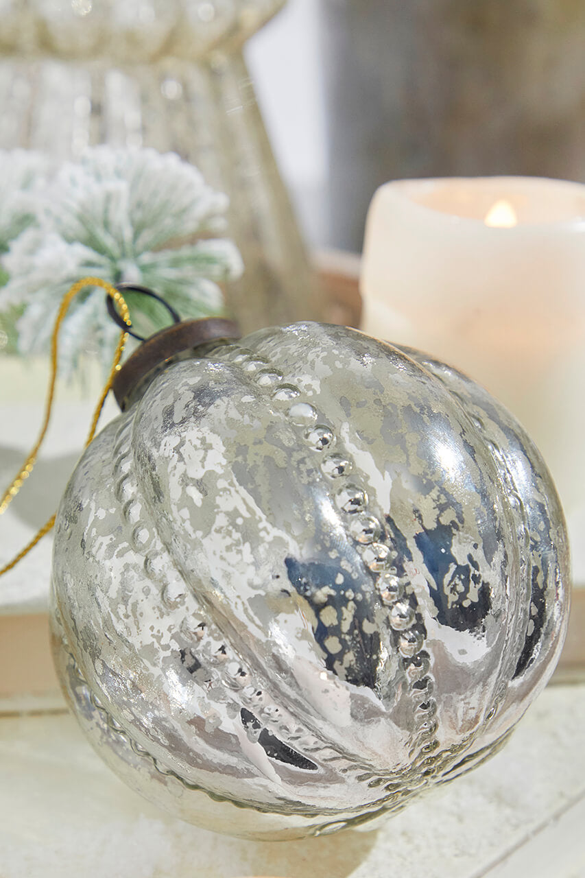 4" Silver Beaded Mercury Glass Ornament