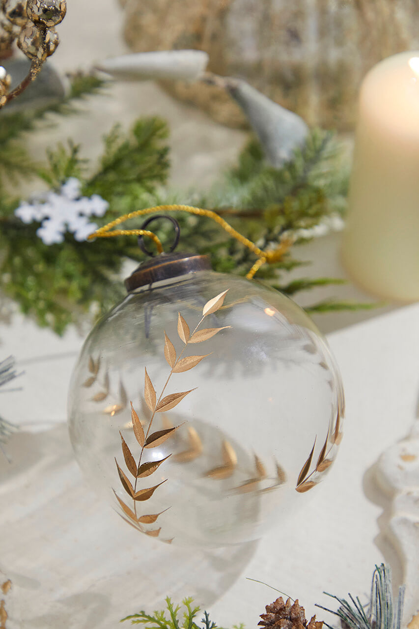 4 Inch Golden Etched Laurel Glass Ornament
