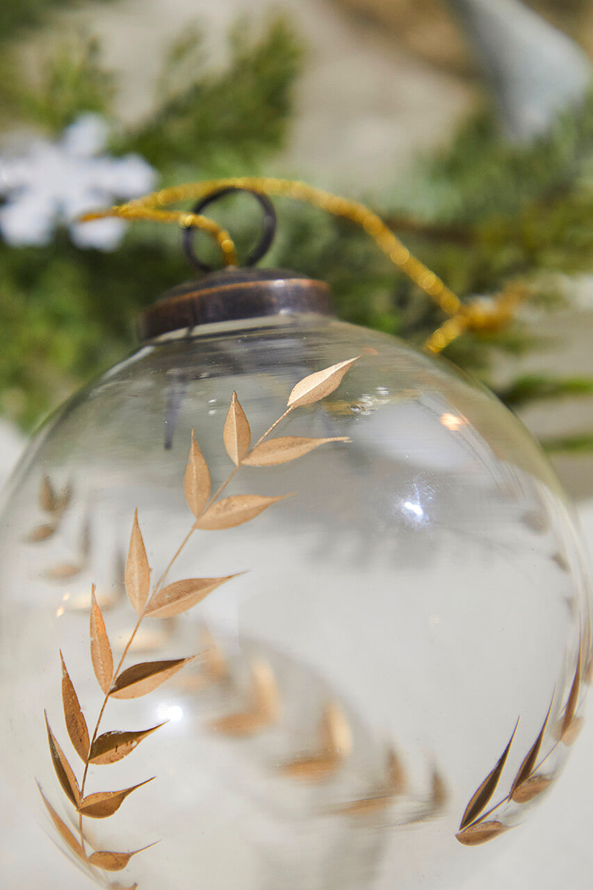 4" Golden Etched Laurel Glass Ornament