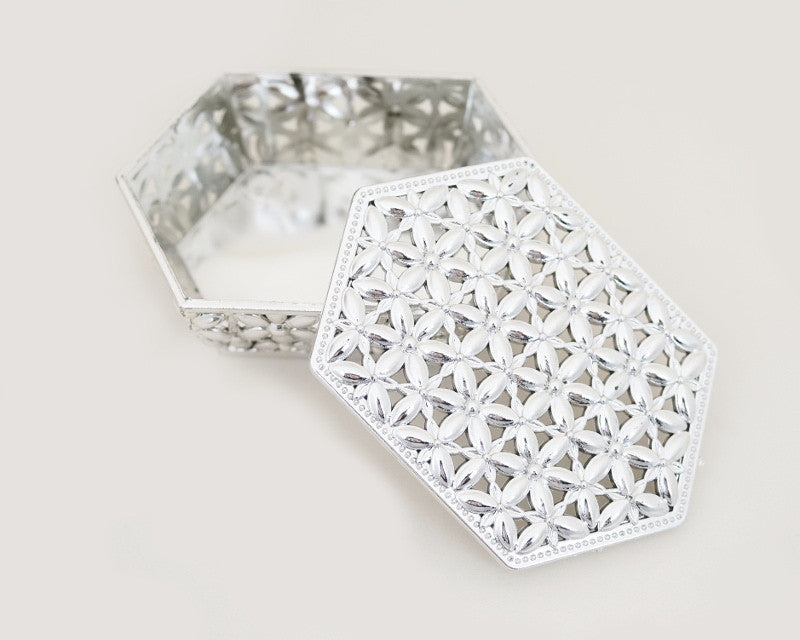 3.5" x 2.5" Silver Hexagon Carved Plastic Favor Trinket Box - Pack of 12