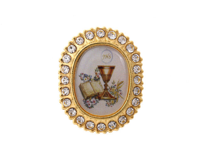 1" x 3/4" Gold First Communion JHS Crystal Rhinestone Frame Lapel Pin - Pack of 12