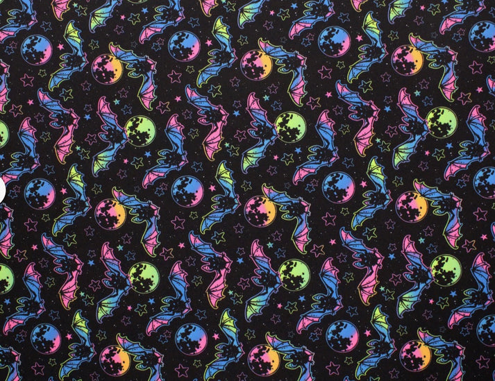 1 Yard Rainbow Bats Blacklight Reactive Spandex Fabric Four Way Stretch for Swimwear and Costumes 58"/60" Width