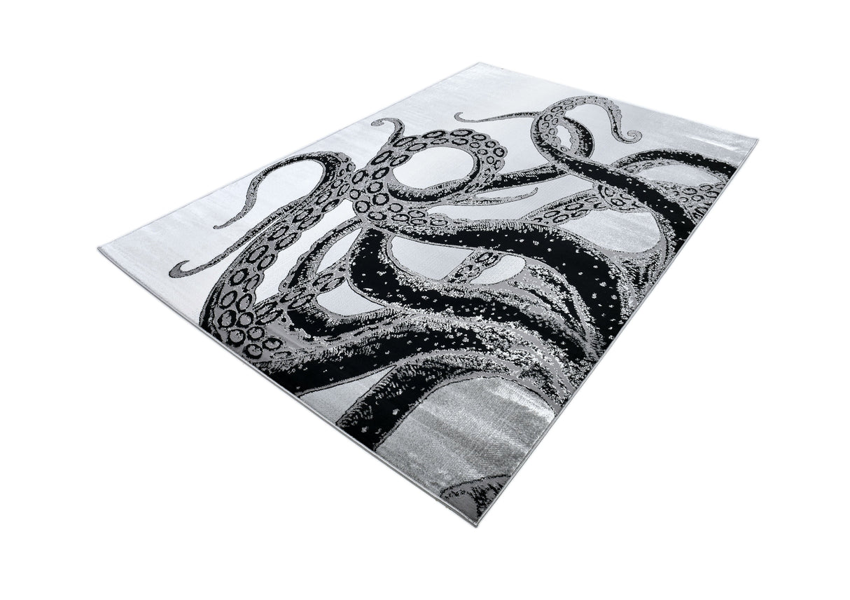 Z339A Polyester Fabric - Metallic Octopus Tentacle Design, Light Grey, Black Or Blue, 5' 3" X 7' 6" / 7' 9" X 10' 5" (1 Rug)