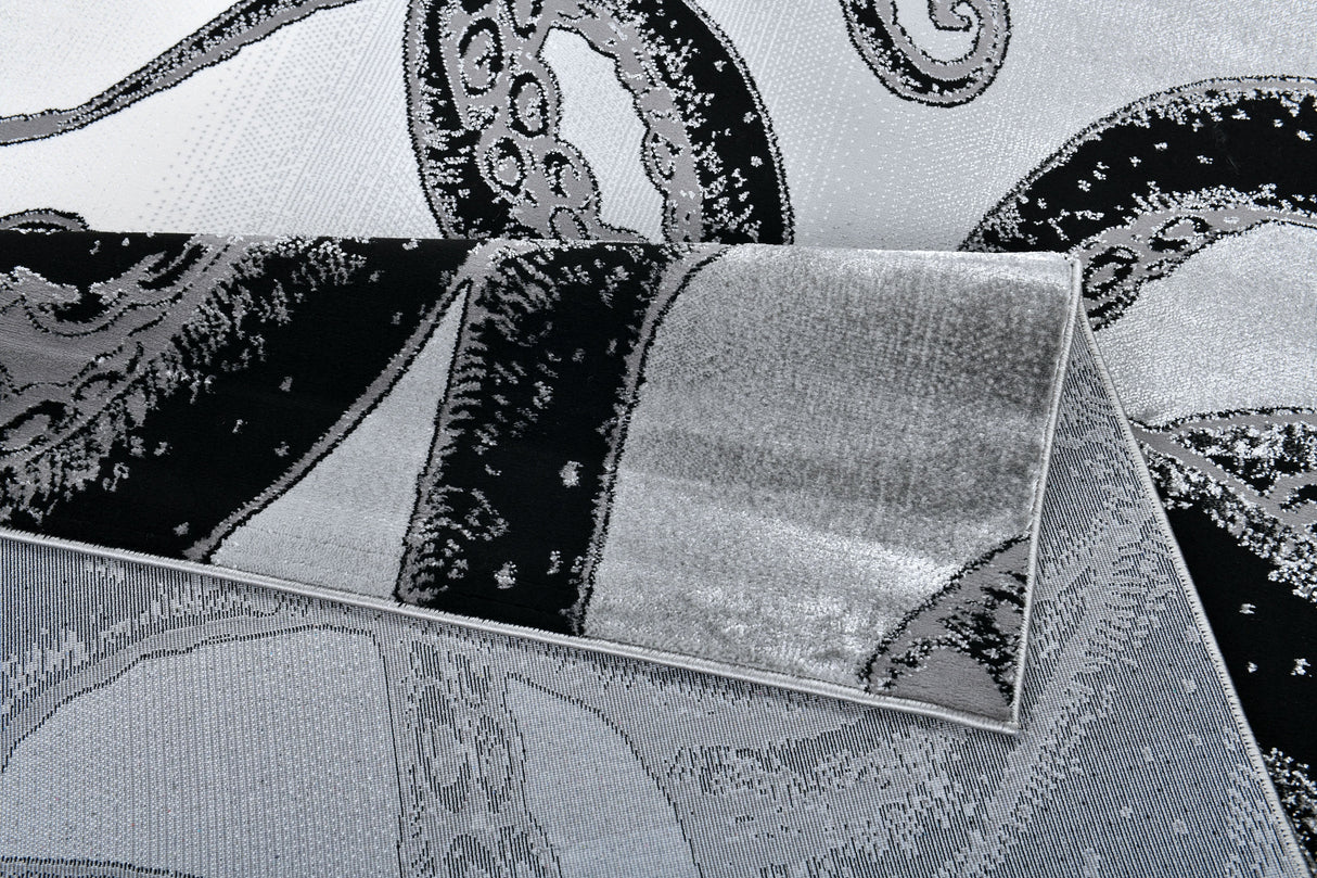 Z339A Polyester Fabric - Metallic Octopus Tentacle Design, Light Grey, Black Or Blue, 5' 3" X 7' 6" / 7' 9" X 10' 5" (1 Rug)