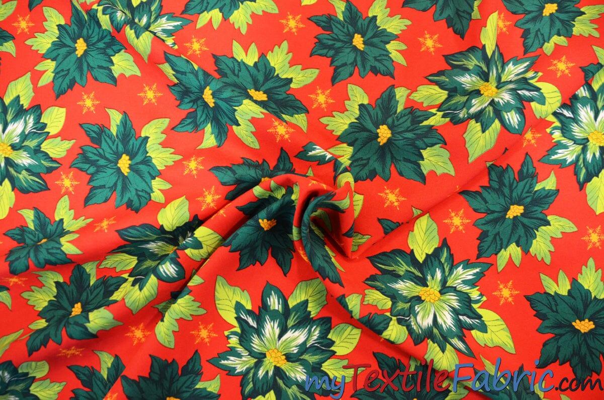 Polyester Poinsettia Christmas Floral Polyester Fabric - Poinsettia Christmas Floral Print, 58/60" Width (1 Yard)