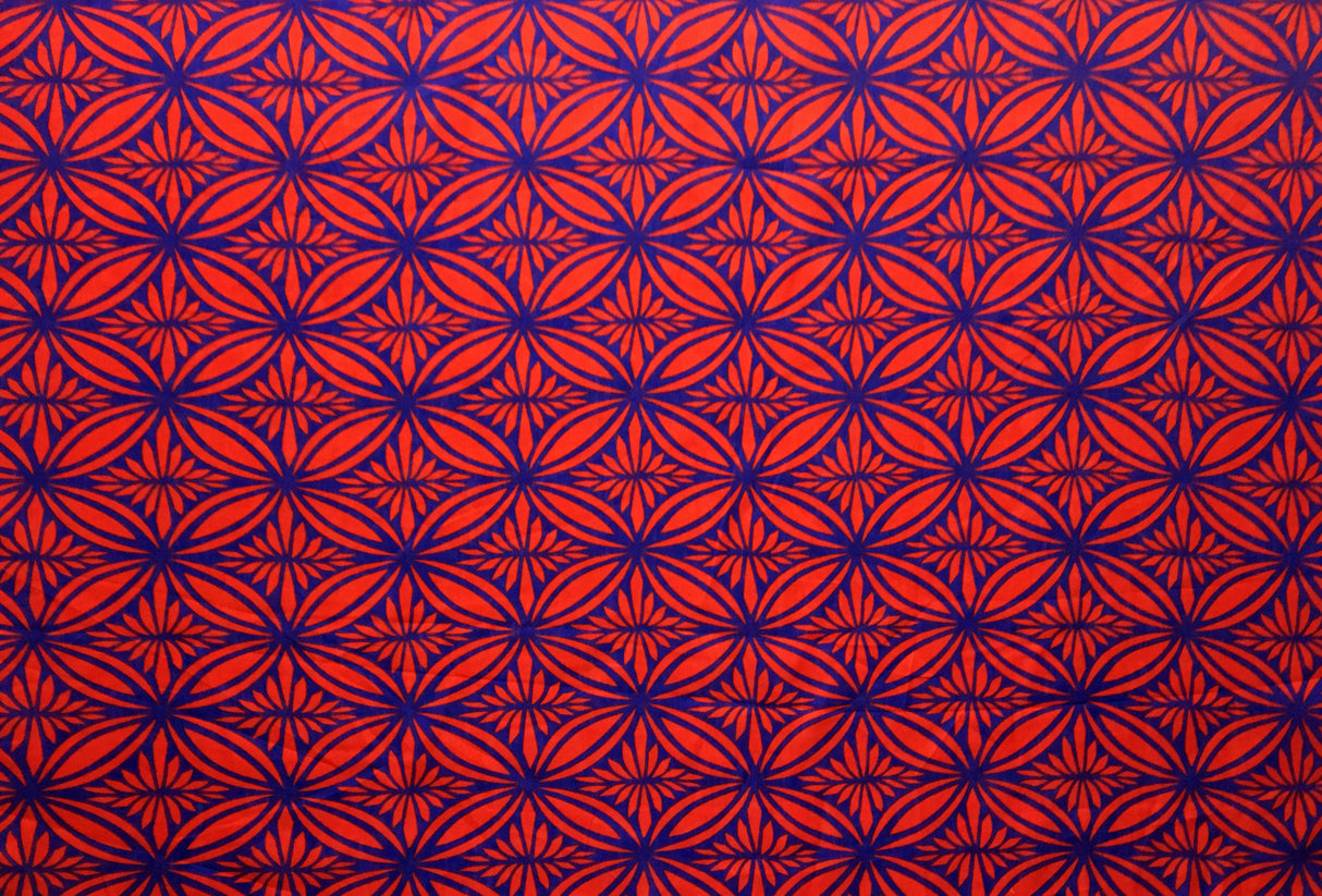 Tapa Flower Print Poly Linen Fabric - Red, Blue, Yellow, 58" Width (1 Yard)