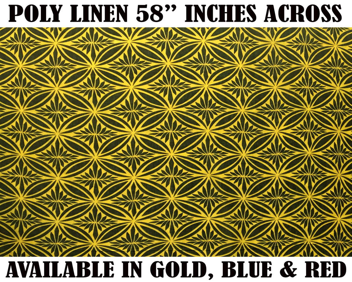 Tapa Flower Print Poly Linen Fabric - Red, Blue, Yellow, 58" Width (1 Yard)