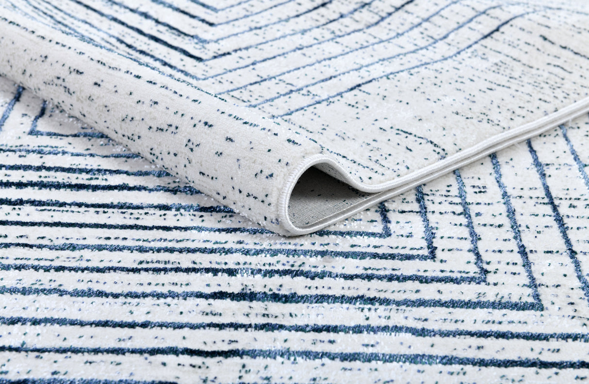 Z329B Polyester Fabric - Soft Cream, Sheer Blue And Subtle Emerald Geometric Accents, Area Rug (1 Piece)