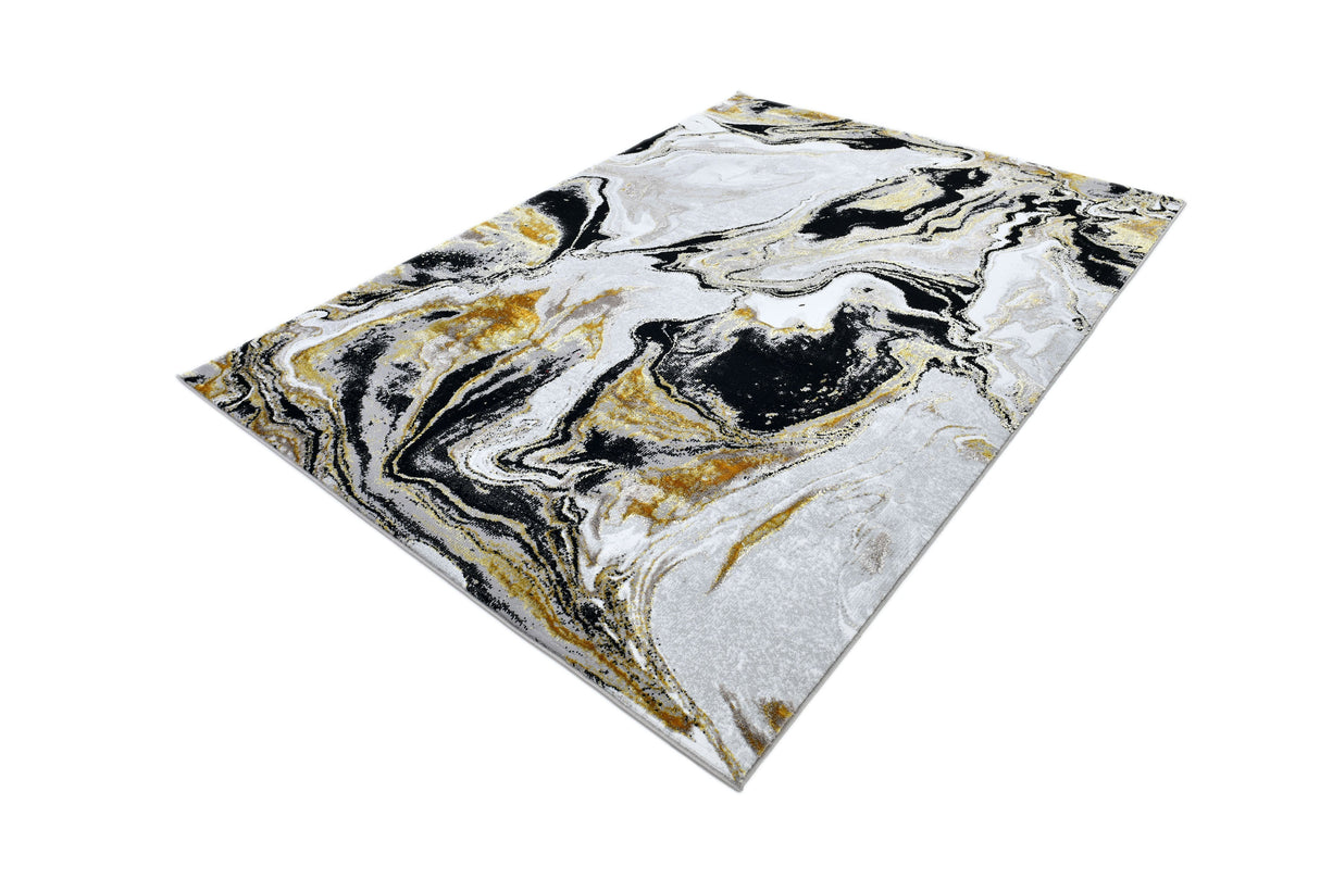 Z258A Polyester Area Rug - Metallic Silver, Brushed Gold, Deep Black Abstract Marbled Design (1 Rug)