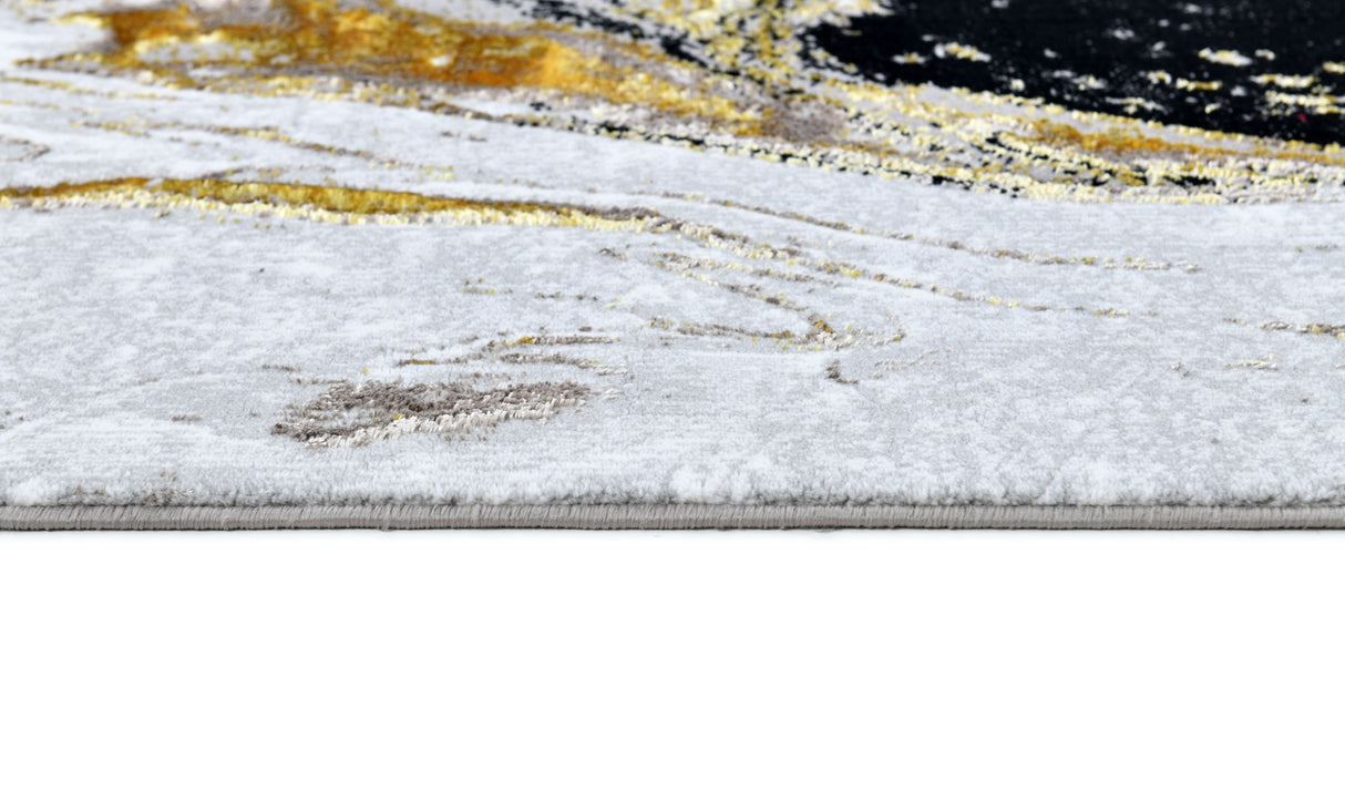Z258A Polyester Area Rug - Metallic Silver, Brushed Gold, Deep Black Abstract Marbled Design (1 Rug)