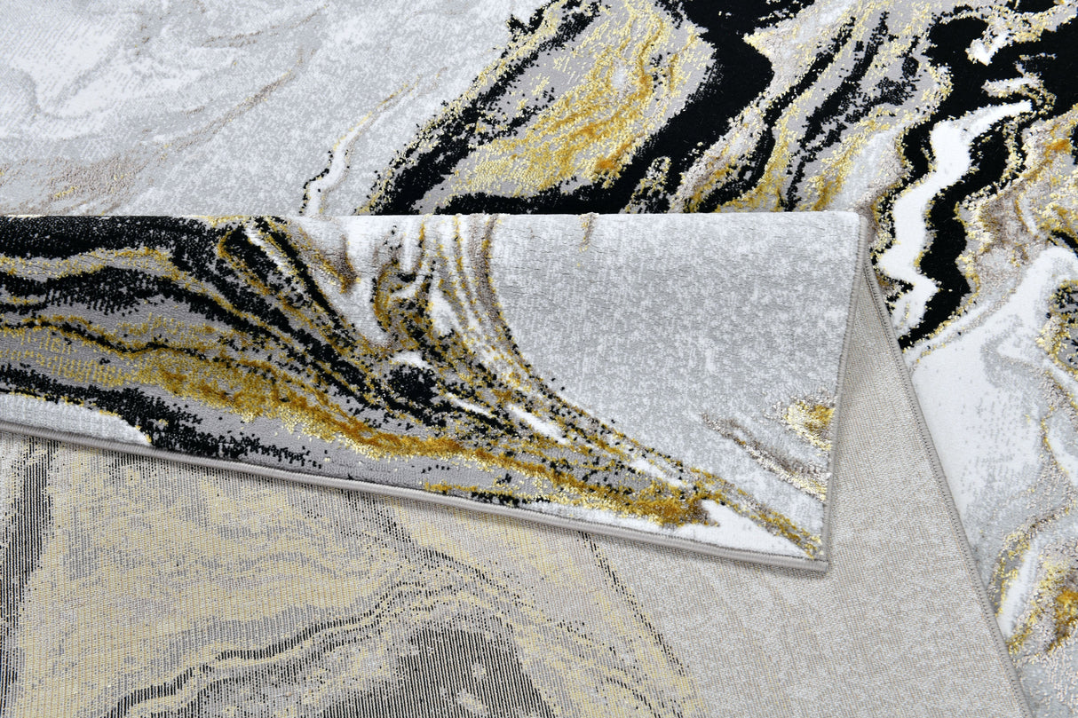 Z258A Polyester Area Rug - Metallic Silver, Brushed Gold, Deep Black Abstract Marbled Design (1 Rug)