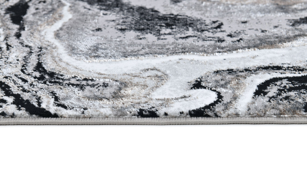 Z258A Polyester Area Rug - Metallic Silver, Brushed Gold, Deep Black Abstract Marbled Design (1 Rug)