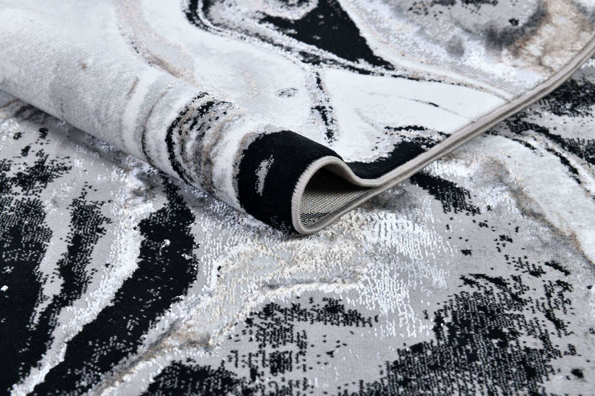 Z258A Polyester Area Rug - Metallic Silver, Brushed Gold, Deep Black Abstract Marbled Design (1 Rug)