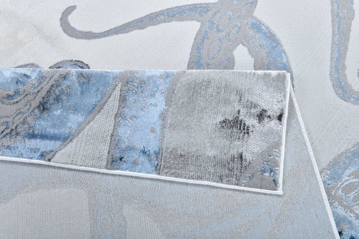 Z339A Polyester Fabric - Metallic Octopus Tentacle Design, Light Grey, Black Or Blue, 5' 3" X 7' 6" / 7' 9" X 10' 5" (1 Rug)