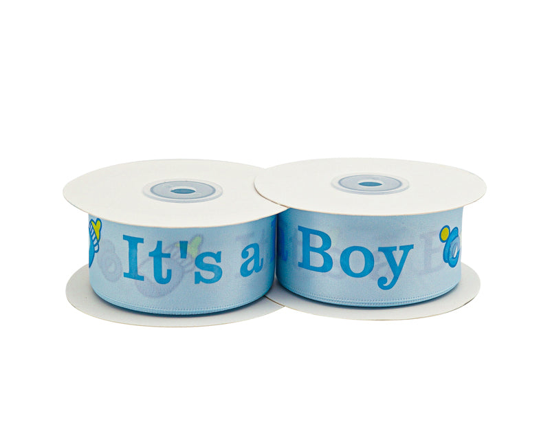 1 1/2" x 25 Yards Blue It's a Boy Baby Shower Printed Satin Gift Ribbon