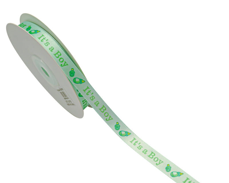 3/8"x 25 yards Mint It's a Boy Baby Shower Printed Satin Gift Ribbon