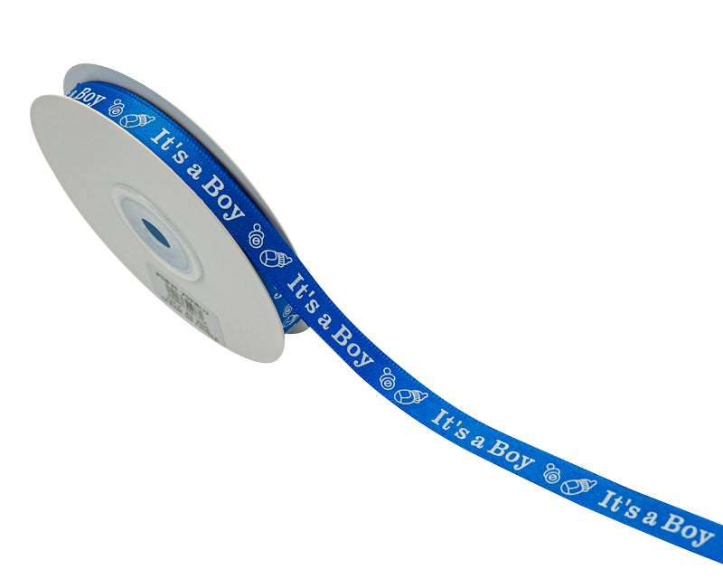 3/8"x 25 yards Royal Blue It's a Boy Baby Shower Printed Satin Gift Ribbon