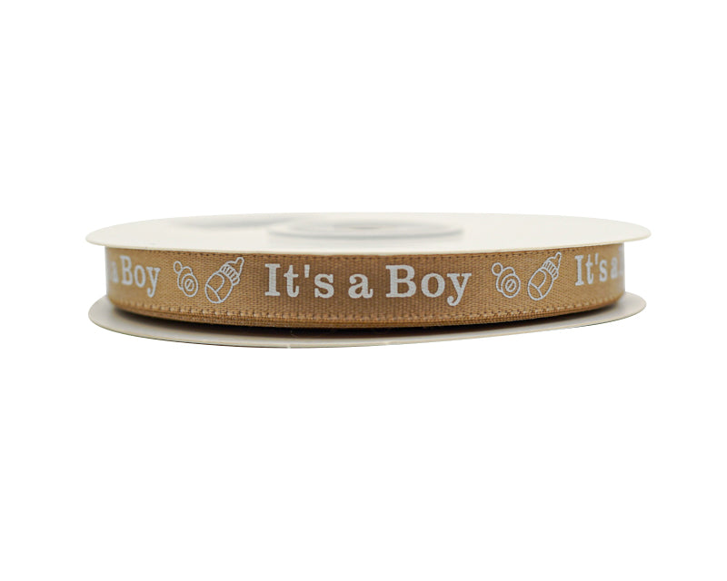 3/8"x 25 yards Tan It's a Boy Baby Shower Printed Satin Gift Ribbon