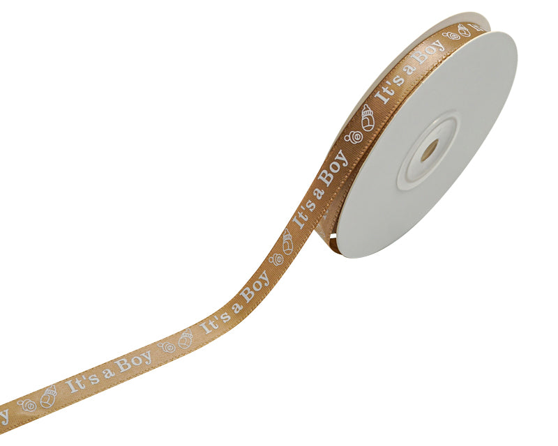 3/8"x 25 yards Tan It's a Boy Baby Shower Printed Satin Gift Ribbon