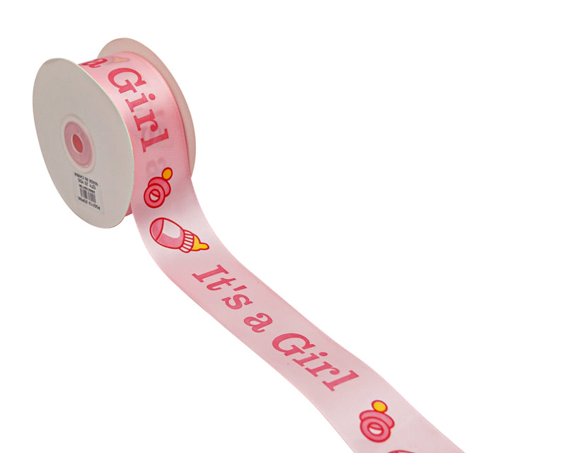 1 1/2" x 25 Yards Pink It's a Girl Baby Shower Printed Satin Gift Ribbon