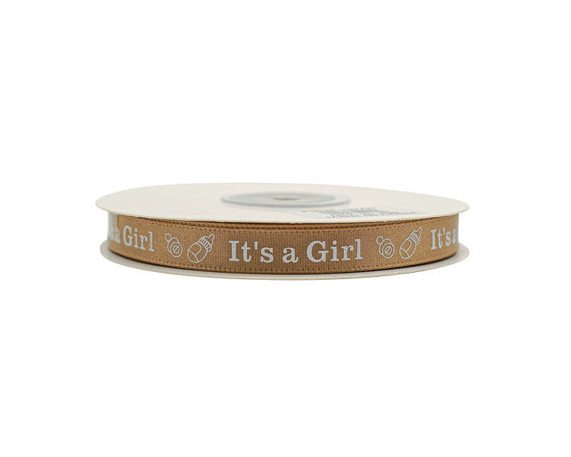 3/8"x 25 yards Tan It's a Girl Baby Shower Printed Satin Gift Ribbon