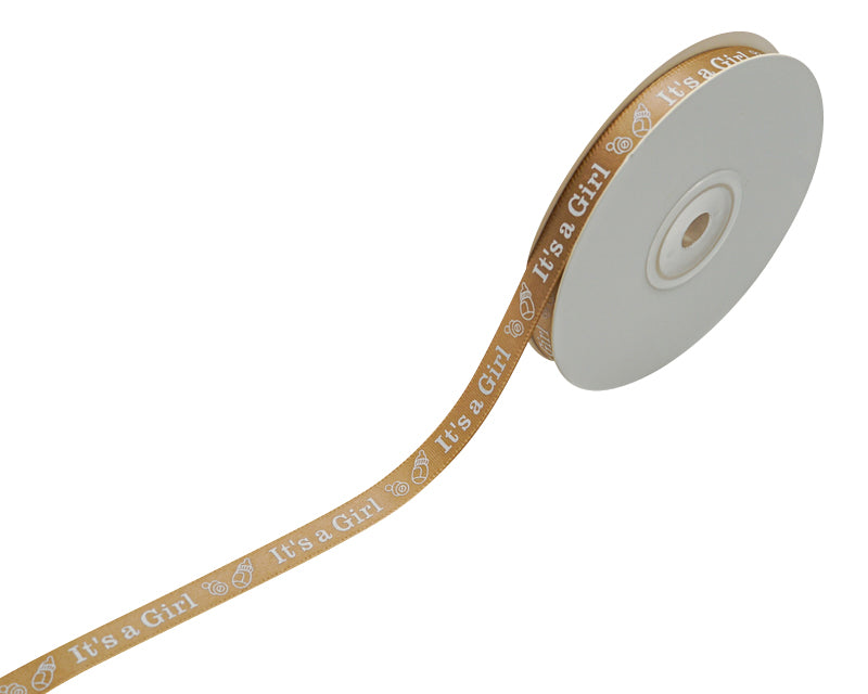 3/8"x 25 yards Tan It's a Girl Baby Shower Printed Satin Gift Ribbon