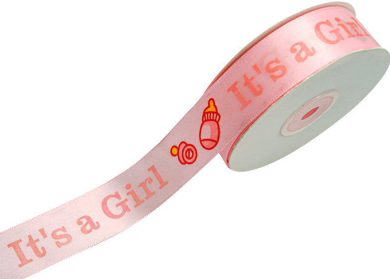 7/8"x 25 yards It's a Girl Baby Shower Single Face Satin Gift Ribbon