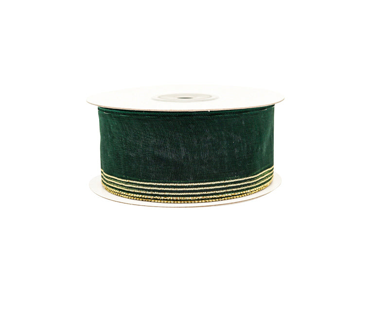 1.5"x25 yards Hunter Green/Gold Organza Pull Bows Gift Ribbon