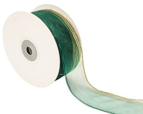 1.5"x25 yards Hunter Green/Gold Organza Pull Bows Gift Ribbon